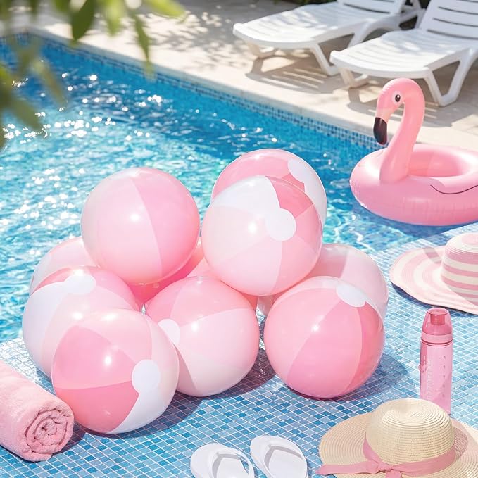 Realspring 12 Pcs Pastel Inflatable Beach Balls Kids Bulk Stripe Jumbo Big Beach Balls Pool Floating Toy for Adult Water Game Baby Shower Birthday Summer Swimming Party (Pink and White,18 Inch)