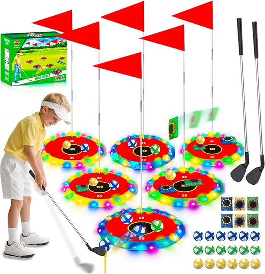 VATOS 2-in-1 Light up Golf for Kids- Golf Chipping Game & Bean Bag Toss with 6 LED Targets, 2 Clubs, 18 Balls, Night Golfs Play for Indoor Outdoor Party Yard Golfer Gifts Sports Toys for Kids 5-12