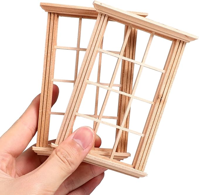 VICASKY 2pcs Dollhouse Windows 1: 12 Window Frame Miniature Furniture Mini Wooden DIY Bedroom Accessories Ornaments for 1/12 Scale Decoration Crafts Doll House