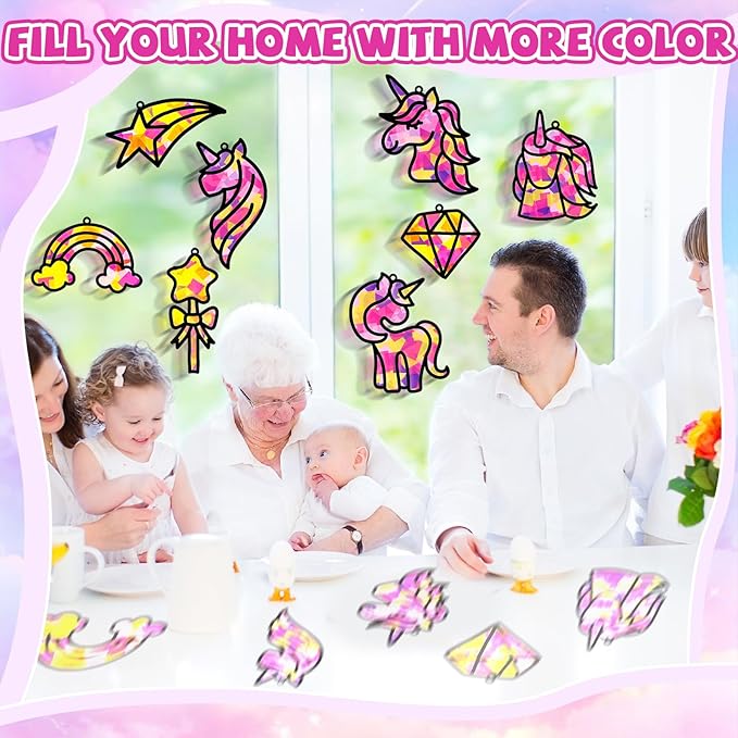 32 Sets Unicorn Rainbow Suncatchers Craft Kit DIY Window Stained Glass Effect Diamond Star bow Paper Crafts Home School Classroom Decoration Kid Birthday Gift Creative Art Project Activity Game