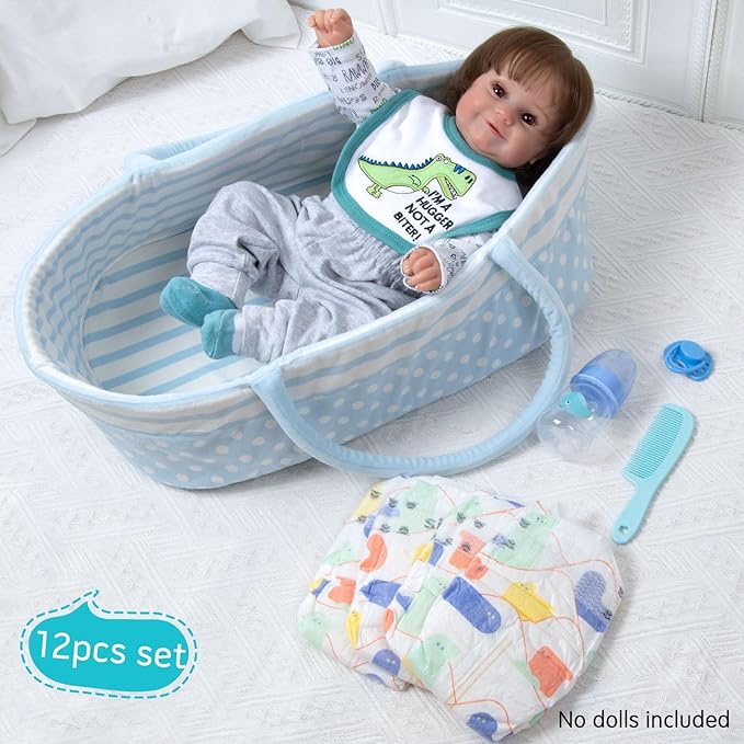 12Pcs Reborn Boy Baby Doll Clothes Accessories Dinosaur Clothes for Reborn Baby Doll 17-22 Inch Realistic Outfits with Bassinet Diapers Blue Newborn Doll Stuffs
