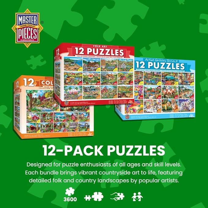 MasterPieces – Jigsaw Puzzle 12-Pack Bundle Set, Fun for Adults and Family, Folk Art Collection, (4) Round 100 Piece, (4) 300 Piece, (4) 500 Pieces