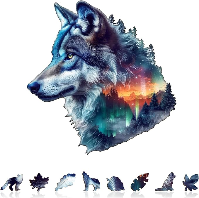 Wooden Puzzles for Adults, Aurora Wolf Jigsaw Puzzles, 90 Piece Unique Shaped Puzzle, Animal Shape Puzzle, Gifts for Adults/Friends/Family, Family Game，Wall Decor(8.5 * 8.1in)