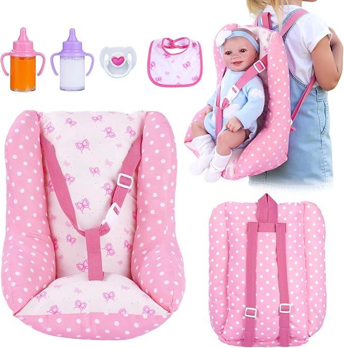 BABESIDE Baby Doll Carrier for 17–22 Inch Dolls, Soft Fabric Doll Carrier Seat with Bottles & Bib, Pretend Play Baby Doll Accessories for Girls, Lightweight Gift for Kids