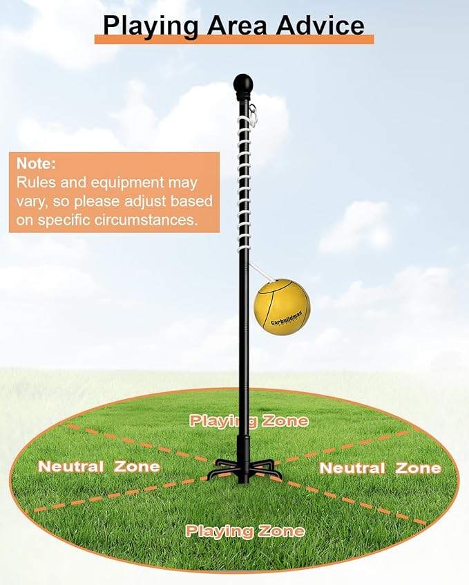 Garbuildman Tetherball Set with Ball & Rope for Outdoor Backyard, Adjustable Tether Ball Pole with Reinforced 5-Prong Base for Playground, Outside Ball Games Sports for Kids & Adults, Black
