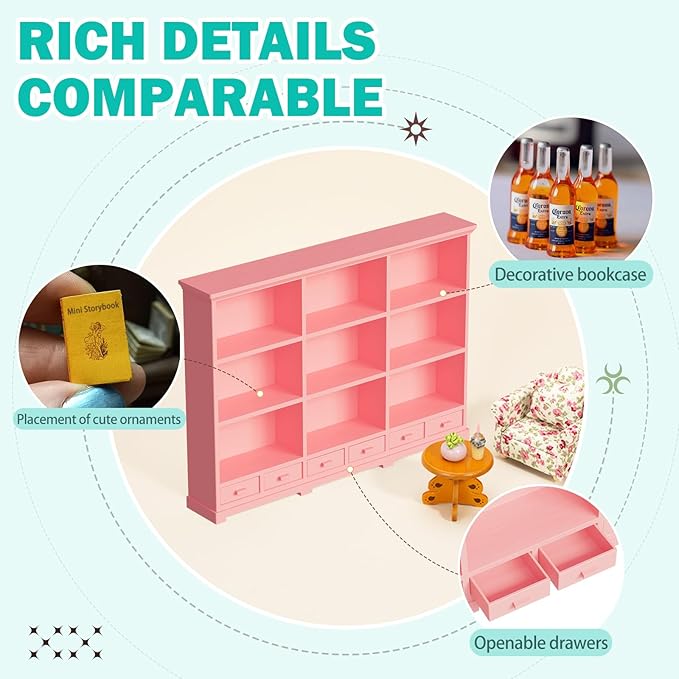 1:12 Scale Dollhouse Bookshelf, Classic Doll House Bookcase & Versatile Dollhouse Furniture Decor, Interesting Christmas & Birthday Gift for Kids