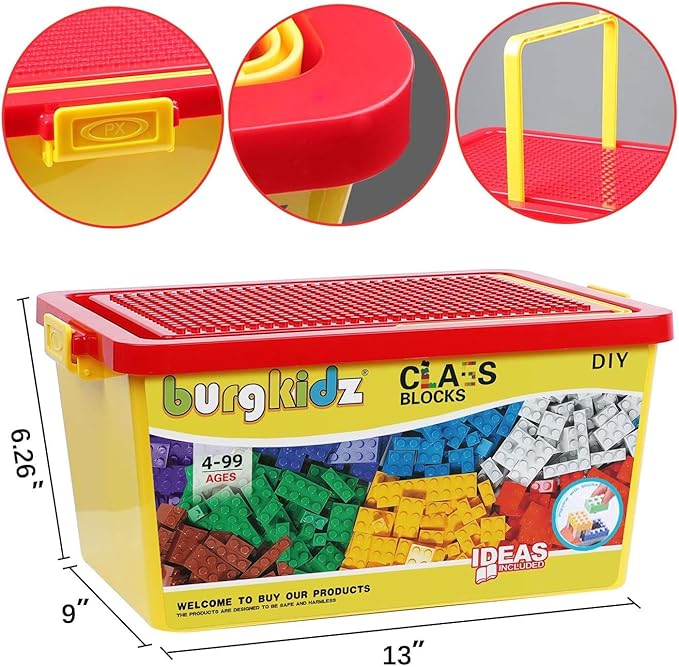 Building Bricks 1020 Pieces Set, 1000 Basic Building Blocks in 17 Fun Shapes Includes Wheels, Door, Window, Bulk Block with Storage Box, Handle and Base Plate, Compatible Block Construction Toys