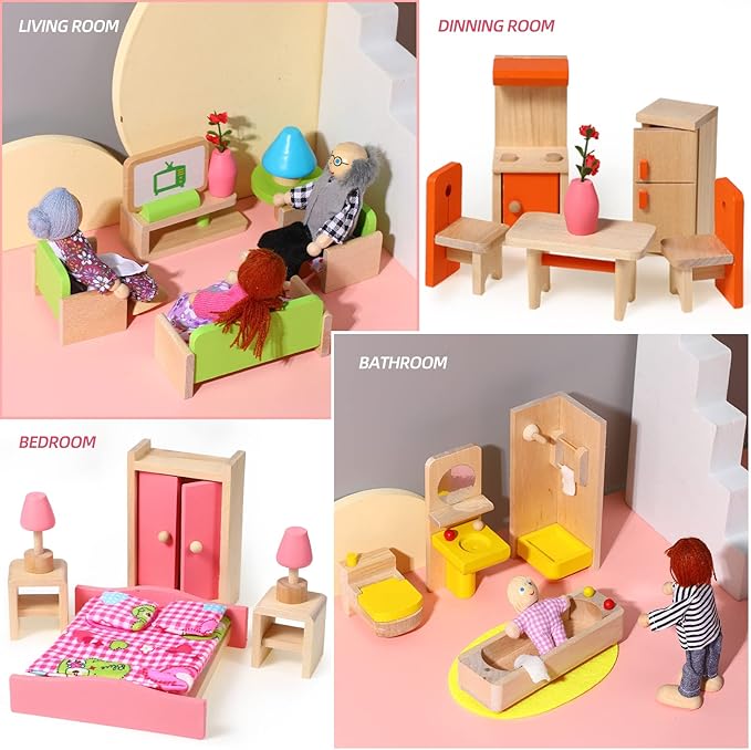 Civaner 52 Pcs Wooden Dollhouse Furniture Set Including 8 Family Dolls Miniature Doll House Accessories 1:12 Scale 5 Space Kits Bathroom Bedroom Living Room Dining Room Kitchen Gift for Christmas