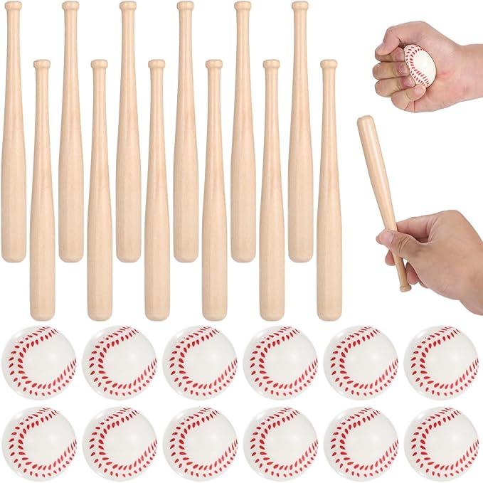 24PCS Mini Baseball Bats Mini Foam Sports Balls, 7.9 in Small Wooden Baseball Bats, 2 in Foam Baseball Balls, DIY Paintable Wood Bat for Baseball Party Supplies Sports Theme Decoration (24PCS)