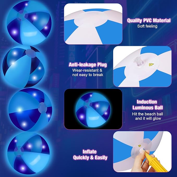 12 Pcs Light up Beach Balls 16'' Jumbo Pool LED Balls Glow in the Dark Neon Giant Inflatable for Summer Hawaiian Tropical Theme Beach Party Decor Water Accessory (Blue)