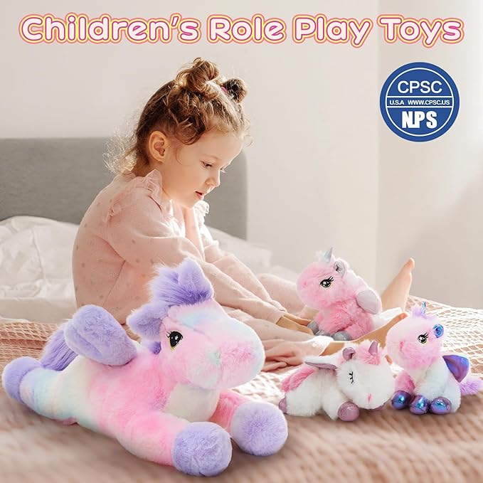 Tezituor Cute Unicorn Stuffed Animal,4 Pcs Plush Toy Set,Large Glow-in-the-Dark Unicorns Plushies with Wings,Giant Rainbow Pink Unicorn Big Stuffy Gifts for Girls Adults Valentines Christmas Birthday