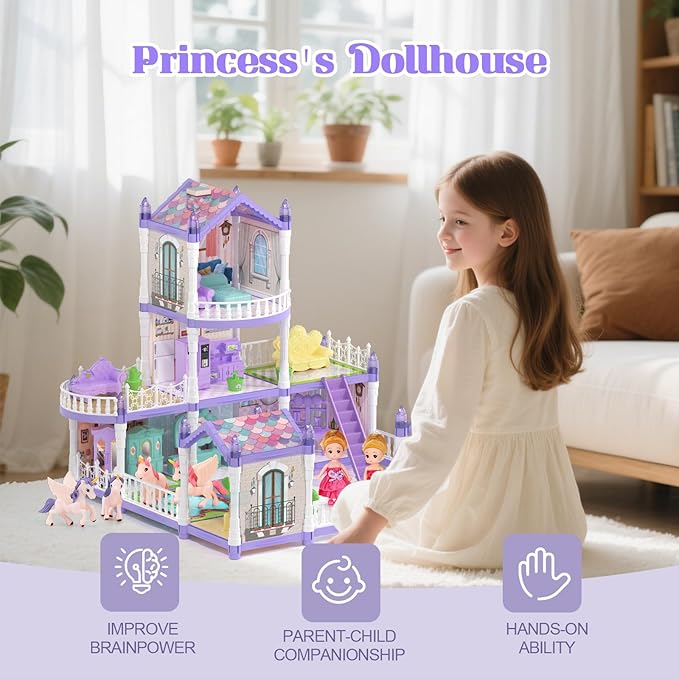 Lilac Purple Doll House for Girls, Dream Dollhouse 9 Rooms with 2 Dolls, 4 Unicons,Lights, Furniture and Accessories, Pretend-Play Toddler Playhouse Gift 3+ Year Old Girls Toys
