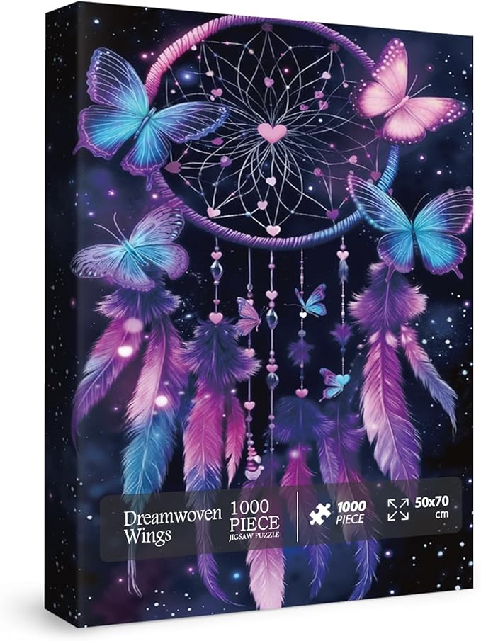 Gradient Butterfly Dream Catcher Puzzle for Adult 1000 Piece, Fantasy Starry Night Jigsaw Puzzle, Purple Art Challenging Puzzle as Home Decor