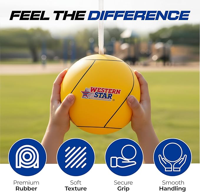 Western Star Tetherball Game Set - Soft-Touch Tether Ball with 2 Reinforced Attached Ropes - Outdoor - 4 Colors - Classic Family Game