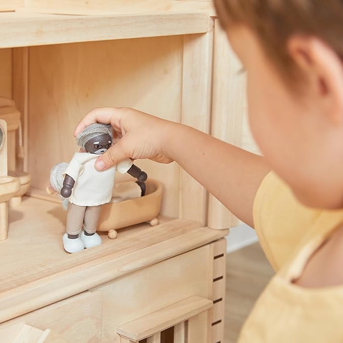 PlanToys® Grandfather Wooden Dollhouse Figurine | Poseable 1:12 Scale Mini Doll (Dark Skin Tone, 5 Inch) | Dollhouse Accessories for Pretend Play | Eco-Friendly Montessori Toy for Kids Ages 3+