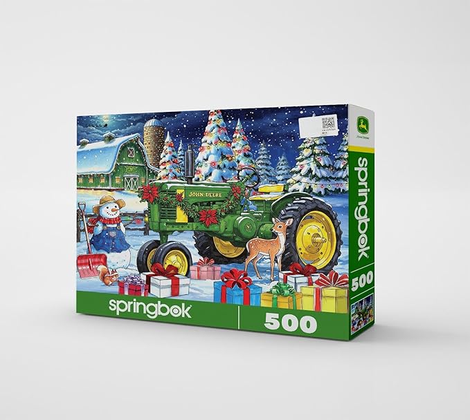 Springbok Festive Farm Surprise 500 Piece Jigsaw Puzzle for Adults - John Deere Christmas - Unique Cut Pieces - Made in USA