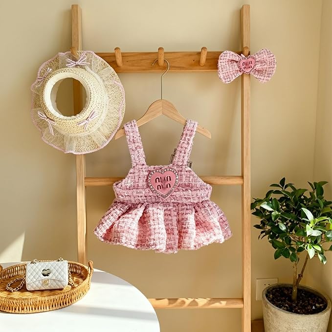 Doll Clothing Set (No Doll), Cute Cropped Straw Hat, Crossbody Bag, Dress, Suitable for 15-17cm Dolls, Outfit Accessory Set for Unique Styling (Pink-MIU)