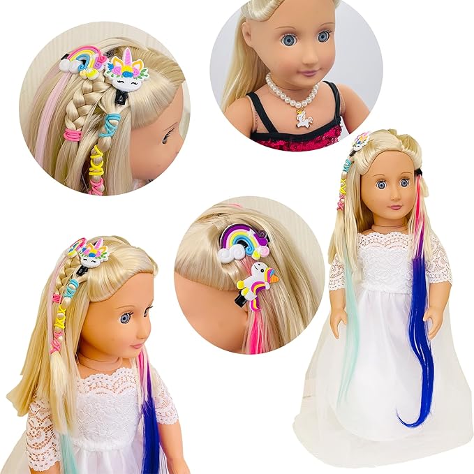 SAIBURAZ 18 inch Doll Hair Accessories for American OG Dolls Hair Brush Rainbown Unicorn Kit Accessories Girl Dolls-Shaped Head Children's Gift（No Doll）