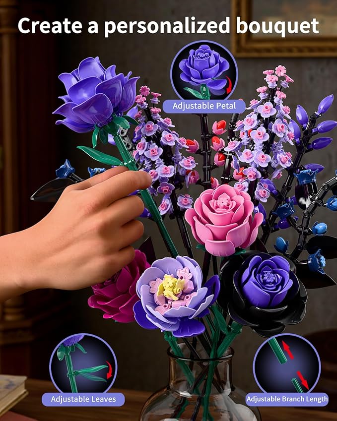 Flowers Bouquet Building Set - Purple Roses Botanical Collection Building Blocks for Adult Women, Artificial Flowers Gothic Home Decor Mother's Day Birthday Gift for Adults Kids Girls 6-12 (806PCS)