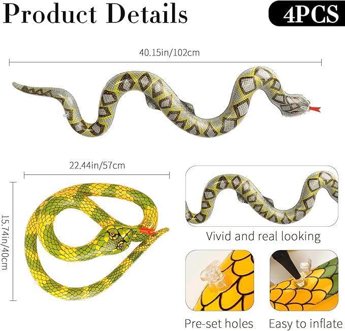 Inflatable Snakes for Pool, 4 Pcs Blow Up Fake Snakes Animals Pool Floats, Large Inflatable Fake Snake for Garden Pools Lawn Plants Party Favors Halloween Decoration, Prank Keep Ducks Out