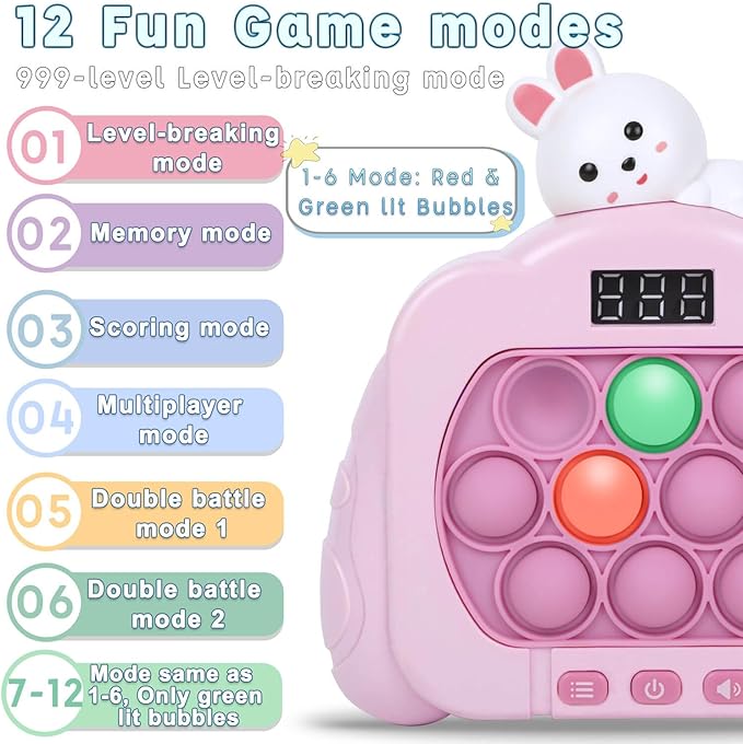 Quick Push Pop Fidget Toys for Kids & Adults, 12 Game Modes Upgraded Light Up Fast Push Bubble Handheld Toy, Stress Relief Party Favors, Christmas & Birthday Gifts for 3-12 (Rabbit)