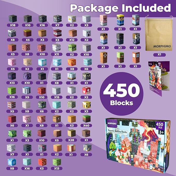 450 PCS Magnetic Building Blocks Set - Big STEM & Sensory Toy for Kids - Stacking Magnets - Instruction Book & Fabric Storage Bag - Shared Play Toy for Siblings & Friends