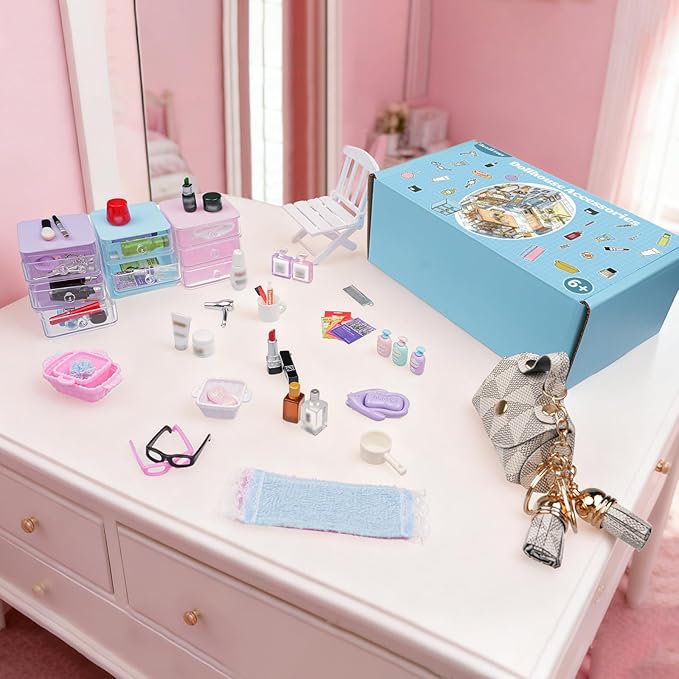 BeadRiver 77Pcs Dollhouse Bathroom Accessories Set - Miniature Makeup & Toiletries with Storage Cases, Handbag, Hair Dryer - 1:12 Scale Doll House Decor for Girls