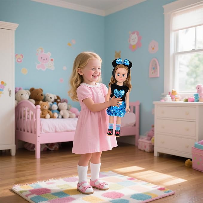 MSYO 18 Inch Doll Pretend Play Set-9 Pcs Party Dress Up Collection with Polka Dot Dress,Bow Headband,Pearl Accent Necklace,Shoes & Glasses for 18 Dolls(Blue)