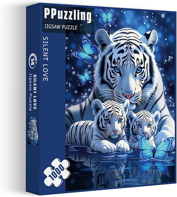 White Tiger Puzzles for Adults 1000 Pieces, Blue Butterfly Nature Jigsaw Puzzle, Challenging Wildlife Animal Art Puzzle, Beautiful Tiger Family Puzzle for Home Wall Decor