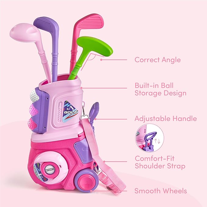 PJG Toddler Golf Set with Mat, Plastic Kids Golf Clubs Ages 1 2 3 4 5 Years Old with 4 Golf Clubs and 10 Balls, Toddler Golf Toys with Cart for Boys and Girls Birthday (Pink)
