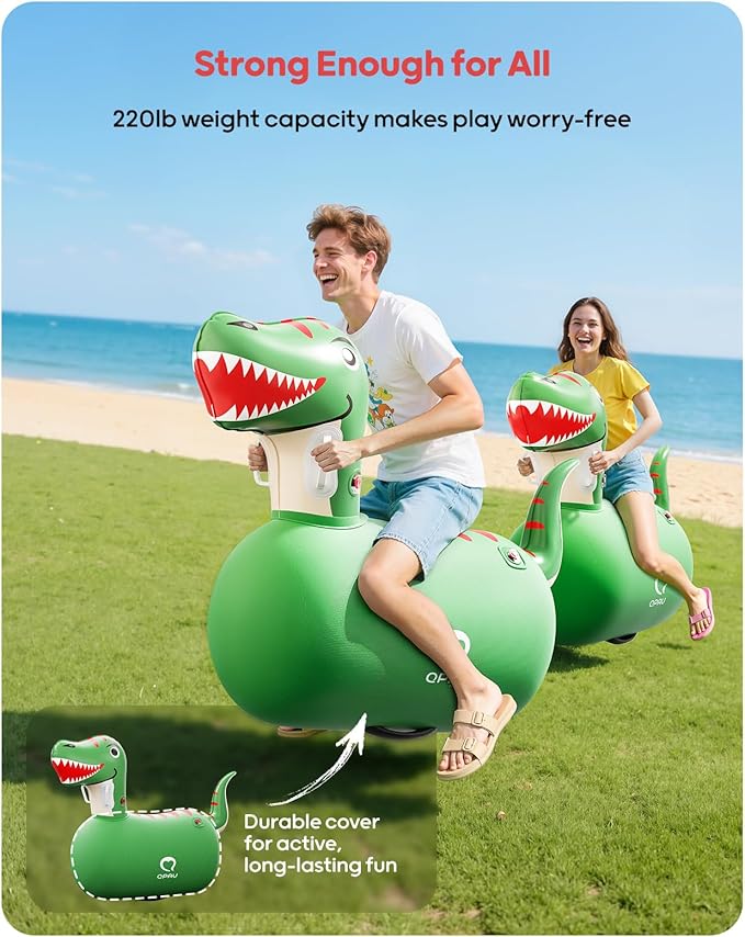 QPAU Infatable Bouncy Toys with Hand Pump, Heavy Duty Giant Bouncy Pal, 220lbs Load Capacity, Ride On Bouncy Animal Hopper Toy, Indoor Outdoor Bouncers for Kids Girls Boys Ages 5+ (Dinosaur, 1 Pack)