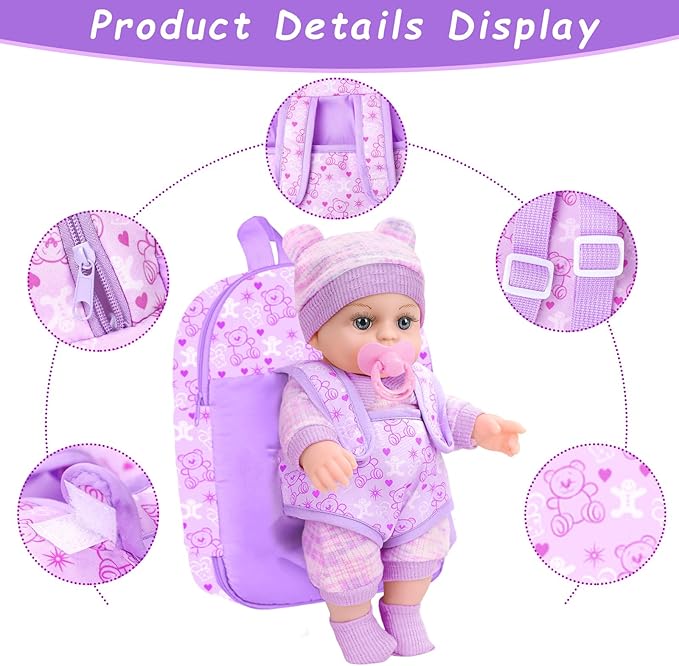 XFEYUE 12'' Baby Doll with Bear Pattern Backpack in Gift Box,Including Clothes Accessories, Backpack, Baby Bottle, Pacifier, Hat, Socks, and Handkerchief for 3+ Child Girls Gifts