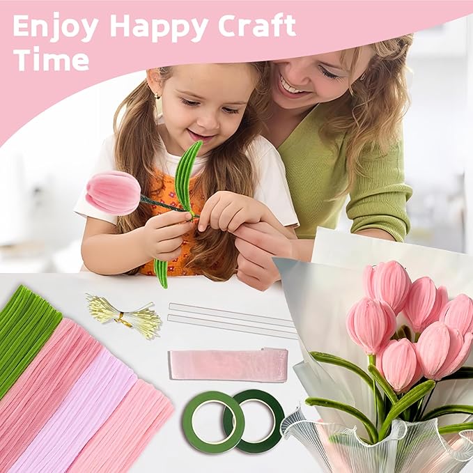 CllyCnny Pipe Cleaners Craft - 400 PCS Chenille Stems Flower DIY Kit Green Pink Pipecleaners Bulk with Stamens Floral Stems Tapes Ribbons Instructions for Tulip Bouquet Making Arts and Crafts Supplies