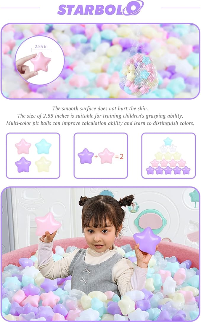STARBOLO Ball Pit Balls for Toddlers Pack of 100 200 500 - BPA&Phthalate Free Non-Toxic Crush Proof Soft Plastic Balls for 1-5Years Old Toddlers Girl Kids Birthday Pool Playpen Tent Party