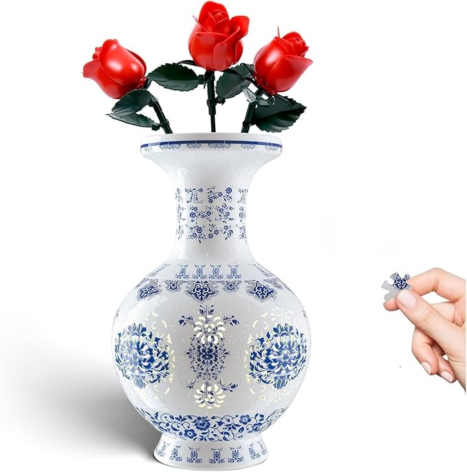 3D Puzzle Vase for Adults with LED Light, 200 Curved Pieces DIY Flower Vase Craft Kit, Creative Jigsaw Art Project Home Décor Centerpiece (C-Blue & White Grand)