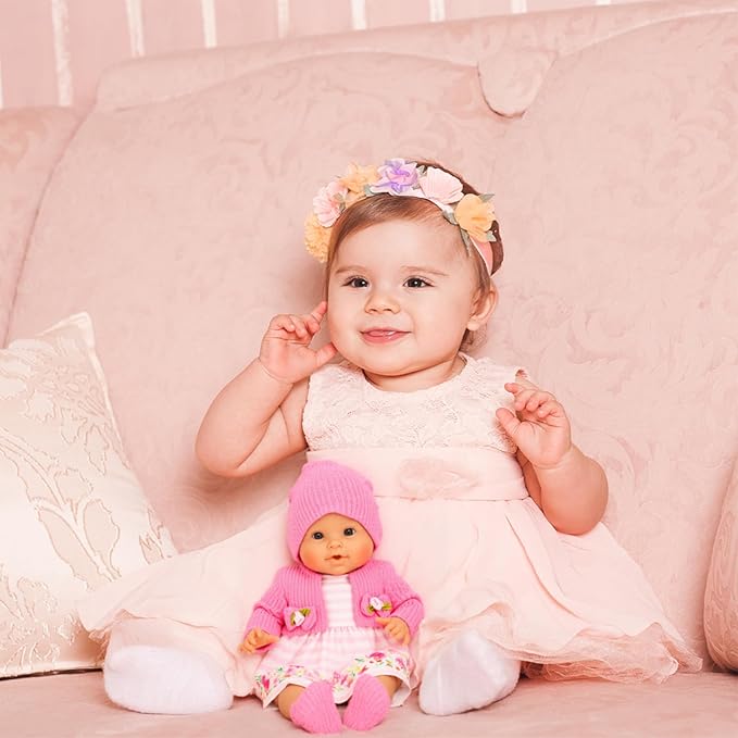 4 Sets Baby Doll Dress Knitted Hat Outfit Dolls Accessories with Baby Doll Socks for 14 Inch to 17 Inch Dolls (Pink and Flowers Style)
