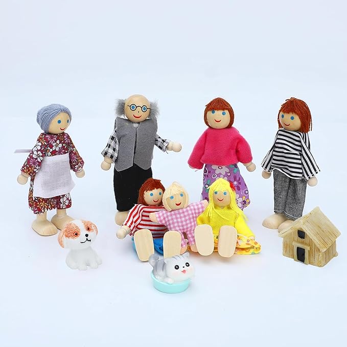 ONEST 18 Pieces Wooden Dollhouse Family Set Mini People Figures Dog Cat Sets Dollhouses Dolls Wooden Doll Family Pretend Play Figures Accessories for Pretend Dollhouse Toy