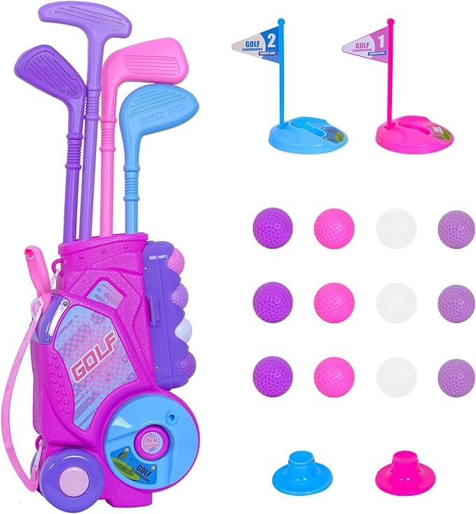 Nattork Toddler Golf Set for Boys Girls Aged 1 2 3 Years Old, Upgraded Kids Golf Cart with 4 Clubs & 12 Balls, Outdoor Indoor Sports Toy Birthday Gift, Rose