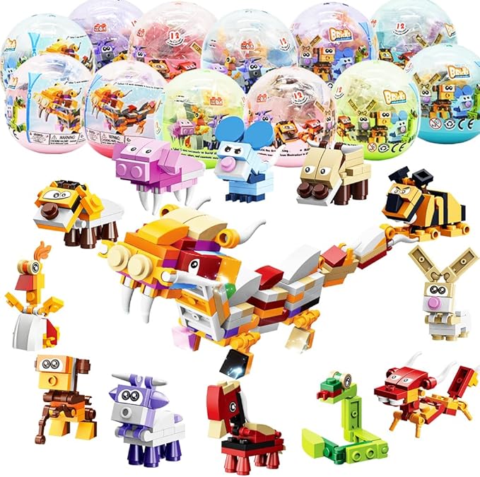 UMEELR 12Pcs PreFilled Easter Eggs with Animals Building Blocks, 12 in 1 Egg Surprise Toys Set for Kids Easter Egg Hunt, Basket Filler, Easter Party Favors Stuffers, Classroom Prize Toys