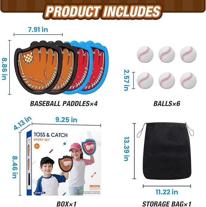 Toss and Catch Ball Game, Outdoor Toys for Kids, Beach Pool Yard Games for Teens & Family, Toddler Baseball Glove Birthday Gifts for 3 4 5 6 7 8+ Year Old Boys & Girls (4 Paddles & 6 Balls)