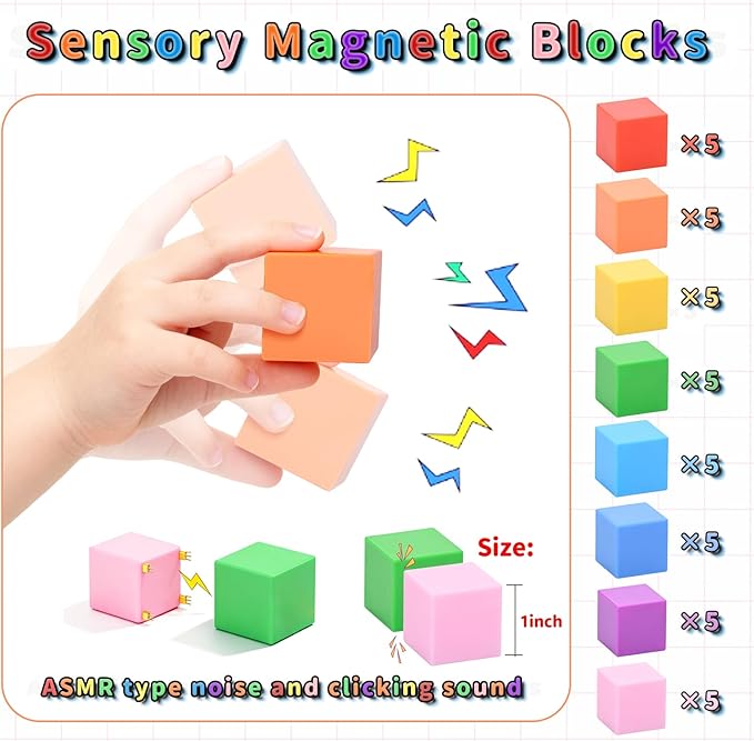 TOKBLOK Magnetic Blocks, 40PCS Rainbow Magnetic Building Blocks for Kids Ages 3 4 5 6 Year Old, Autism Montessori Sensory Magnet Cubes, STEM Learning Educational Magnet Toys Gifts for Girls & Boys