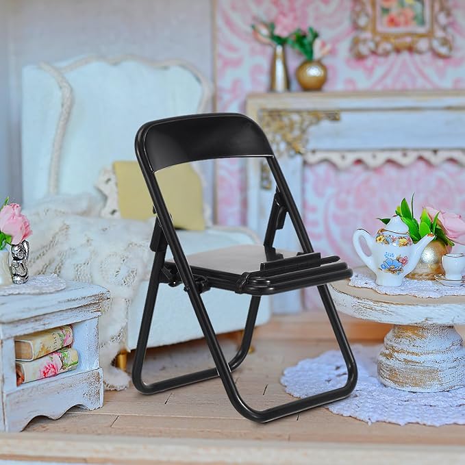 Gadpiparty 12pcs Mini Chairs for Crafts, Mini Folding Chair, Action Figure Accessories Phone Holder Stand Doll Dollhouse Decoration Miniature Furniture Black