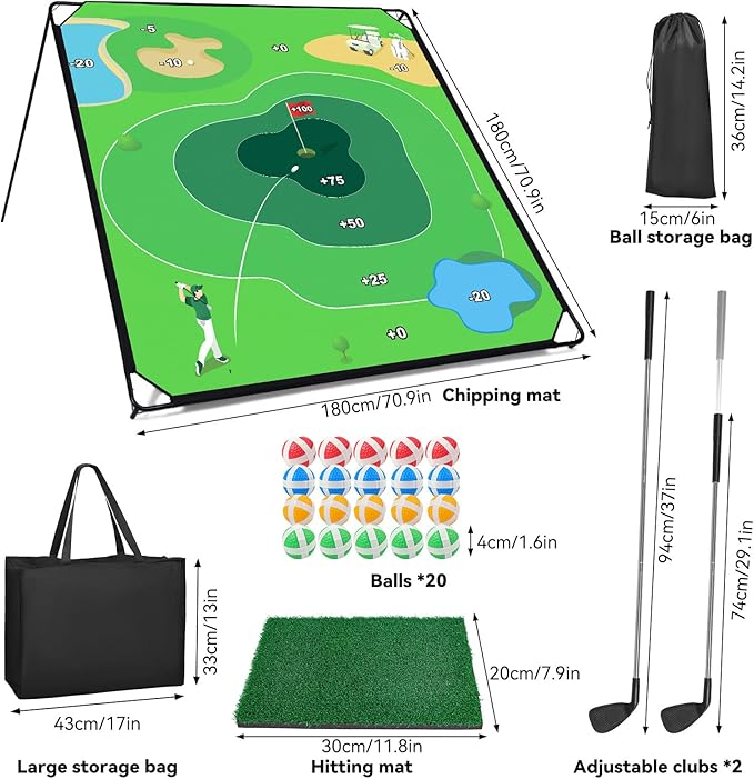 Liberry Golf Chipping Game with Large Chipping Mat, 2 Adjustable Clubs, 20 Sticky Balls, Outdoor Indoor Sports Training Toy Gift for Adults Kids, Family Yard Target Game