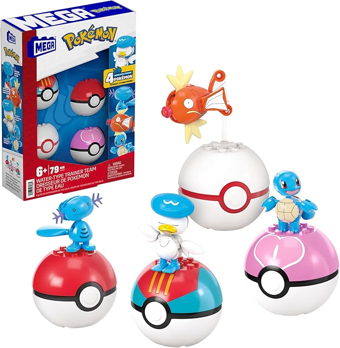 MEGA Pokémon Action Figure Building Toys Set, Water-Type Trainer Team with 79 Pieces, 2 Inches Tall, for Kids