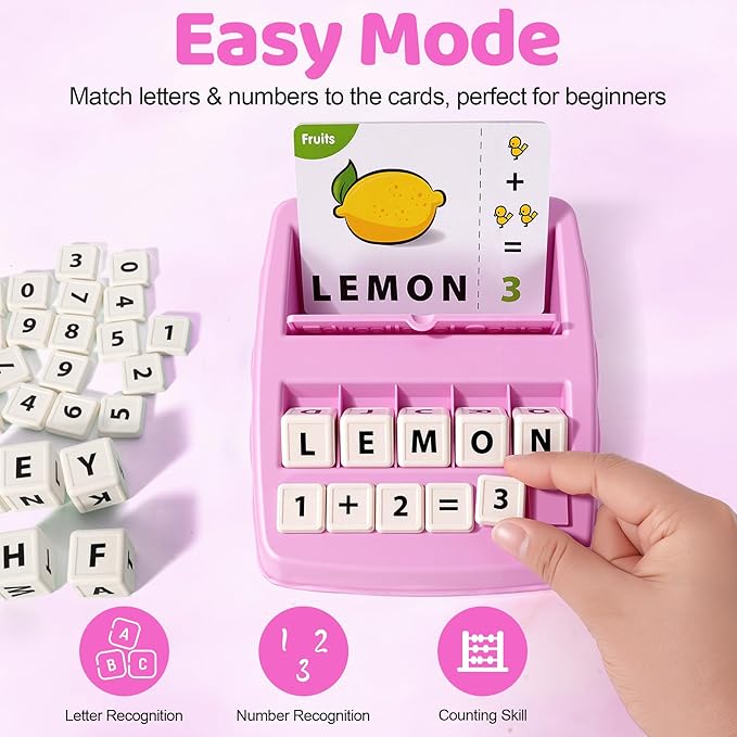 Educational & Learning Toys for Kids, 3-8 Years Old Matching Games with Letter & Math Flash Cards, Christmas Birthday Gifts for Preschool Boys Girls Grandkids- Pink