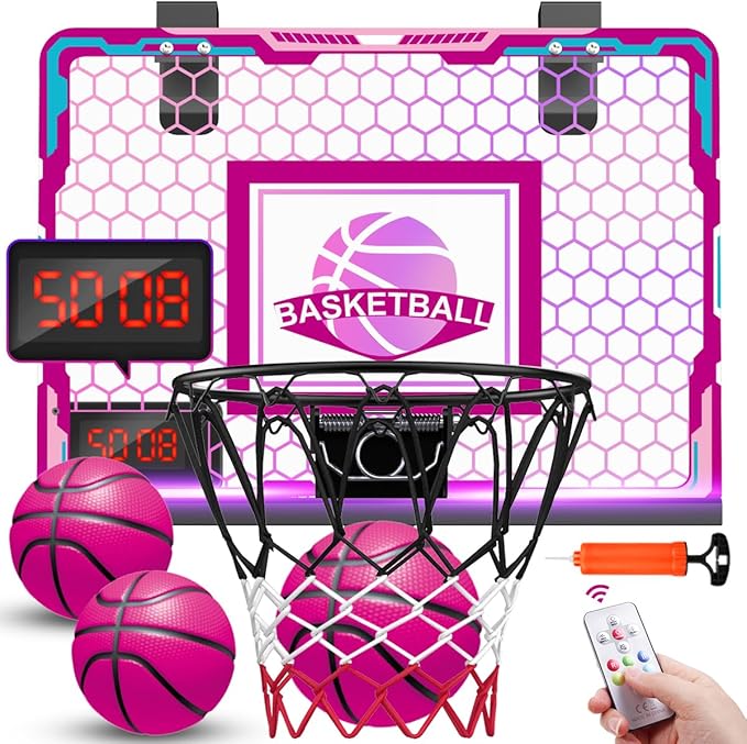 VATOS Basketball Hoop for Girls Indoor, Pink Basketball Hoop with 7 Color Lights, Electronic Scoreboard & Remote Controller, Basketball Set Toys Birthday Gifts for Girls Kids Teens 5-12