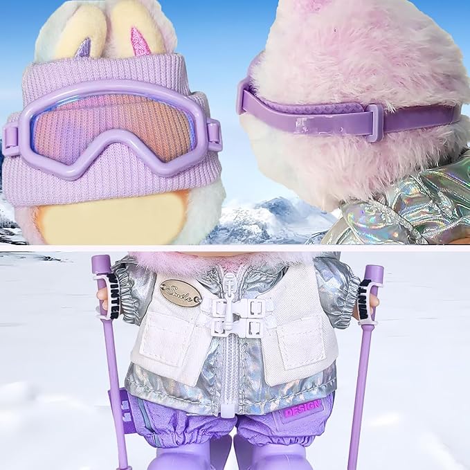 17cm Doll Clothes and Accessories Set for Lububu- Winter Snow Sports-Themed Ski Outfits with Hat, Jacket, Pants, Mini Poles, Goggles & Skiing Board, Designer Clothing for Macaron Doll(Purple)