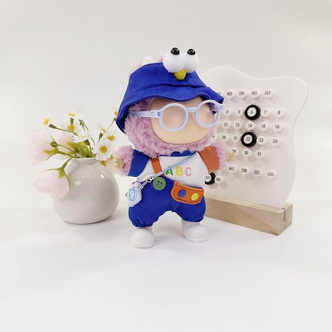 Stylish Adorable 17cm Dolls Clothes, 6PCS Doll Outfits Dress-Up with Hat + Top + Pants + Glasses + Shoes + Pendant Accessories (No Dolls) Blue
