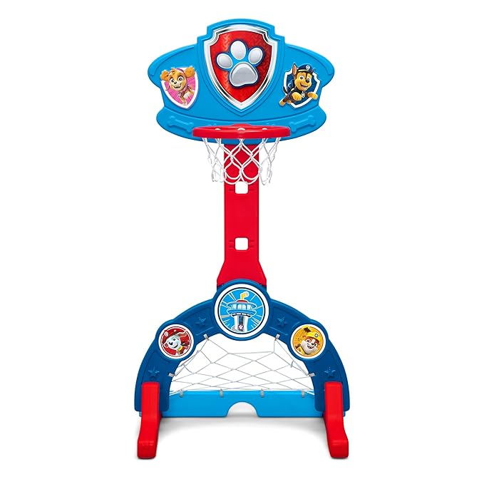 Delta Children PAW Patrol 4-in-1 Sports Center – Adjustable Easy Score Basketball Hoop, Soccer/Hockey Net and Golf Game, Blue