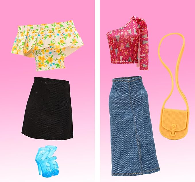 BARWA 17 Pcs Doll Clothes and Accessories for 11.5 Inch Girl Dolls Including 7 Sets Fashion Floral Skirts and Denim Skirts, Casual Tops and Pants with 2 Bags, 5 Shoes, 1 Plaid Picnic Mat